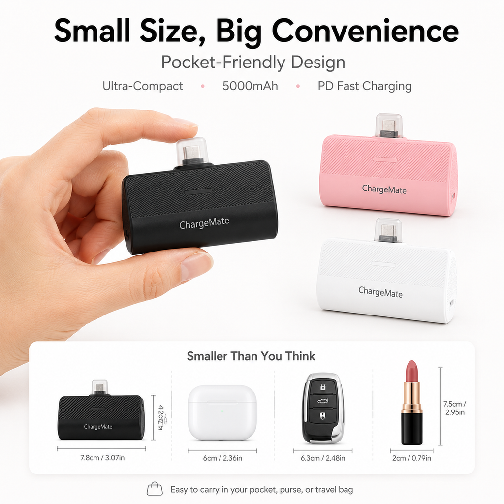 ChargeMate Portable Charger for iPhone 17/16/15 Series, 5200mAh PD USB C Power Bank with Built-in USB-C Connector, Battery Pack Compatible with iPhone 17/16/15 Series