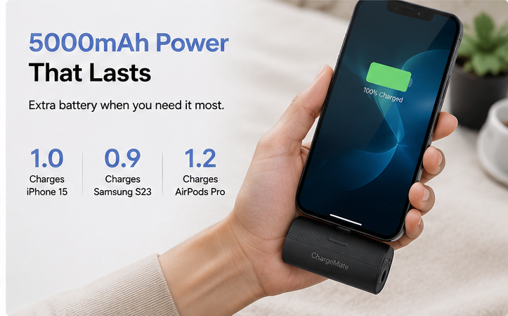 ChargeMate Portable Charger for iPhone 17/16/15 Series, 5200mAh PD USB C Power Bank with Built-in USB-C Connector, Battery Pack Compatible with iPhone 17/16/15 Series