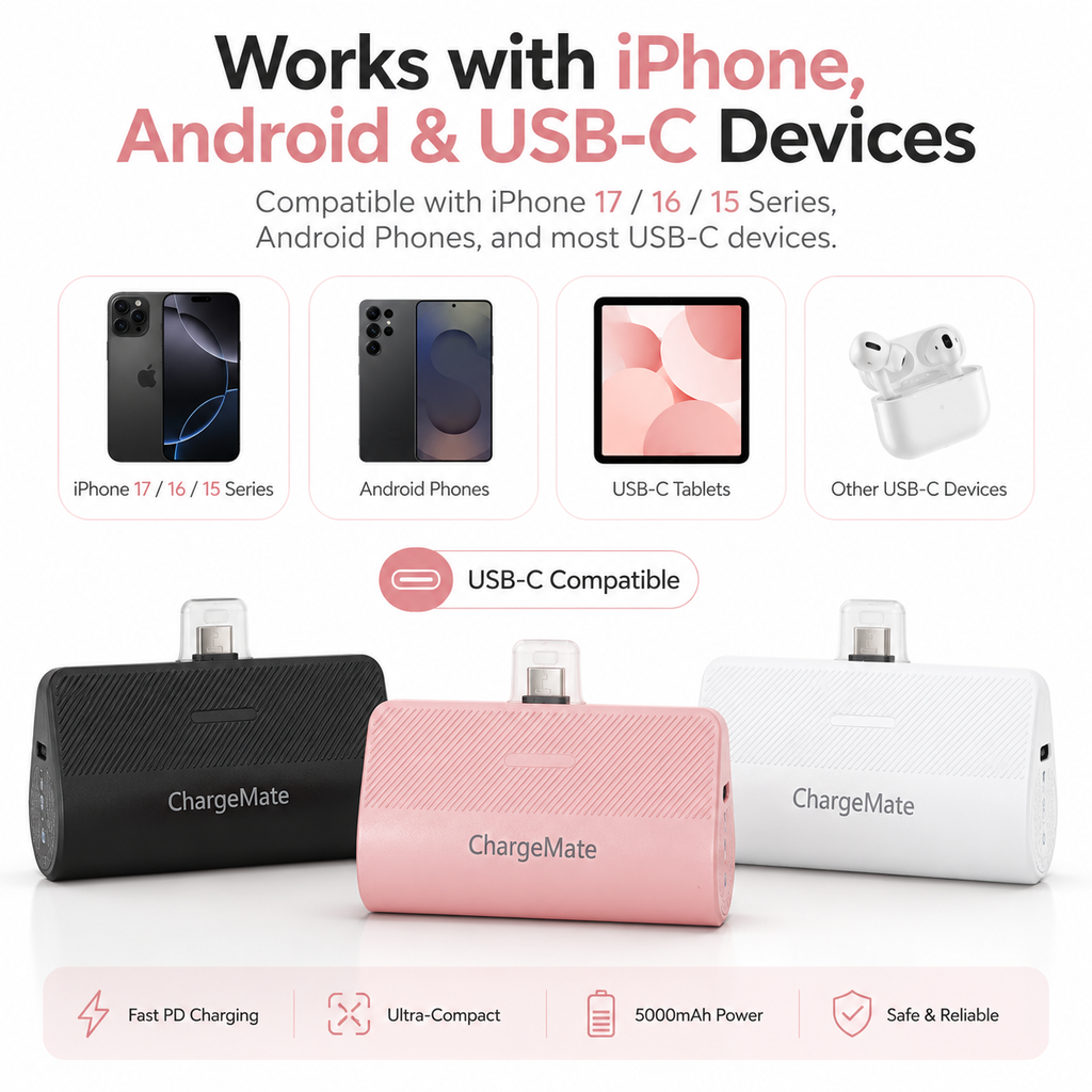 ChargeMate Portable Charger for iPhone 17/16/15 Series, 5200mAh PD USB C Power Bank with Built-in USB-C Connector, Battery Pack Compatible with iPhone 17/16/15 Series